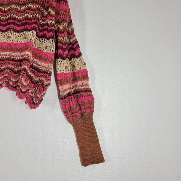 Zara Cropped Knit Sweater Women Size Large Pink Stripes Scallop Hem Boho Hippie - Picture 5 of 11